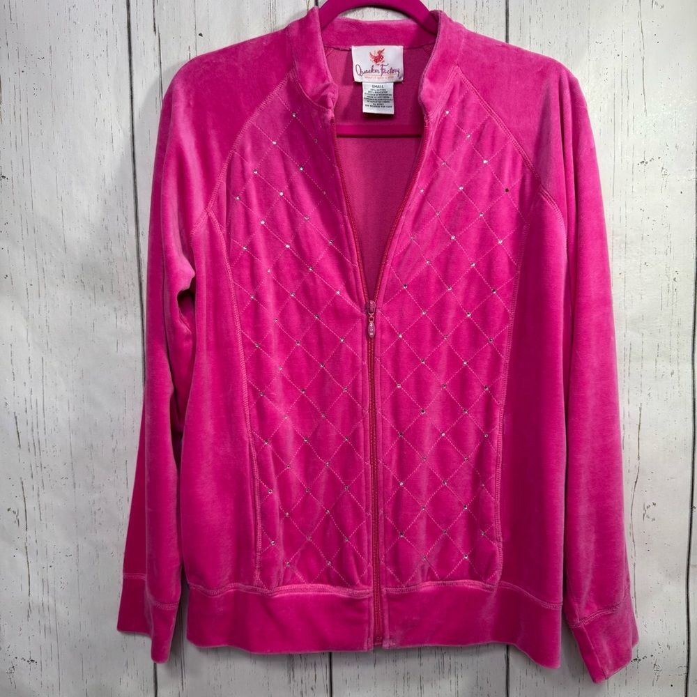 Quacker Factory Pink Velour Zip Jacket Rhinestone Embellished S Lounge Glam